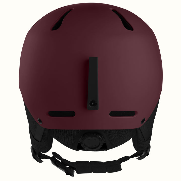 retrospec Comstock mens ski helmet in matte dark burgundy, rear view showing the fit-adjust dial system.
