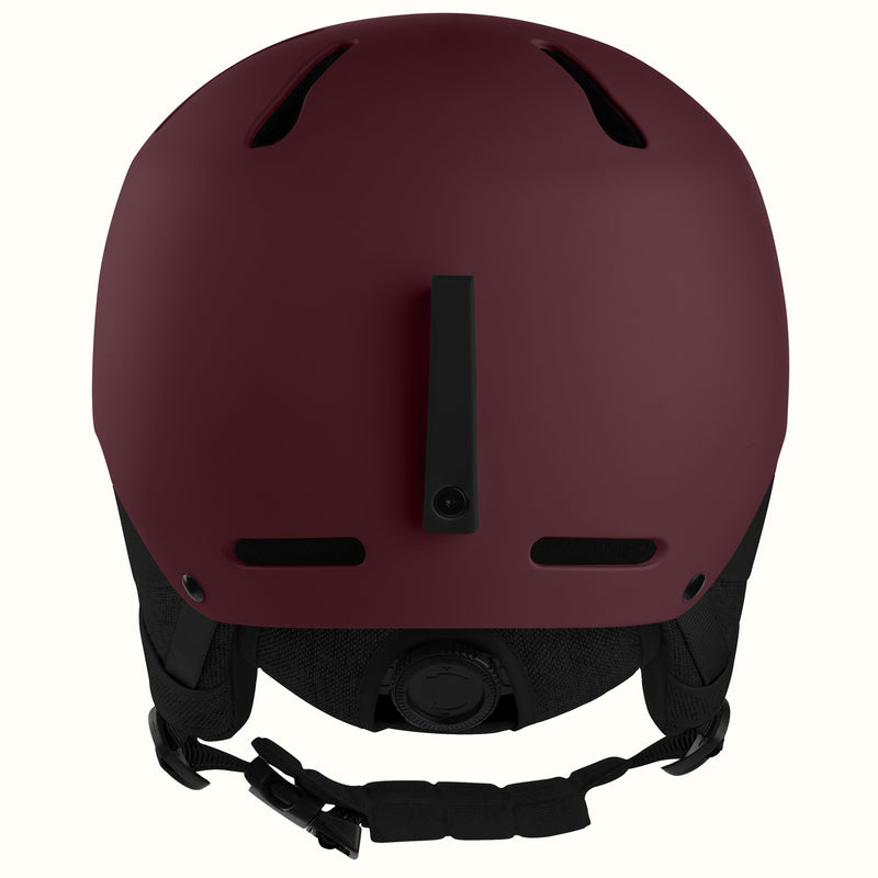 retrospec Comstock mens ski helmet in matte dark burgundy, rear view showing the fit-adjust dial system.