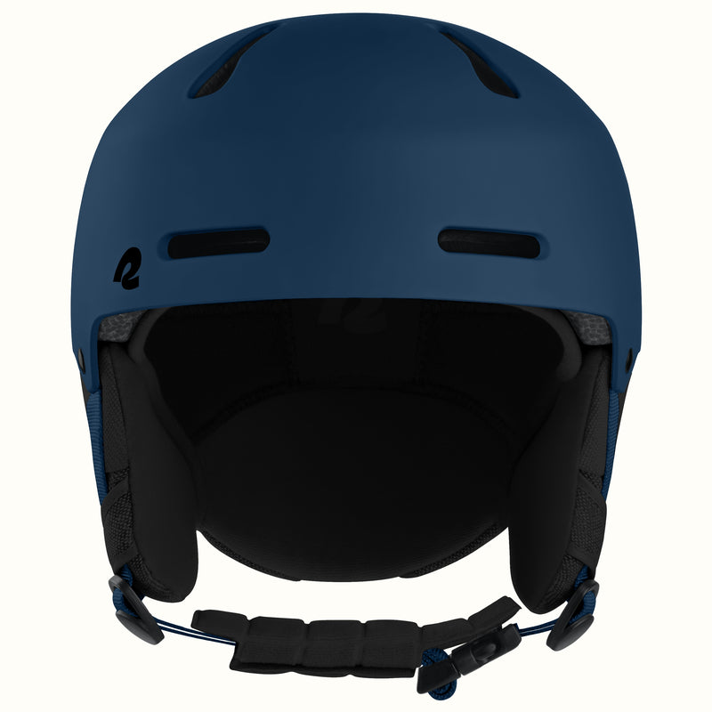 retrospec Comstock womens ski helmet in matte navy, front view showing plush ear pads and chin strap.