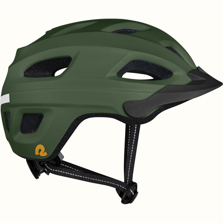 Side view of a Lennon Commuter Bike Helmet in Matte Forest Green, showing the ventilation ports, reflective side strip, Retrospec logo, short visor, and adjustable chin strap against a clean background.
