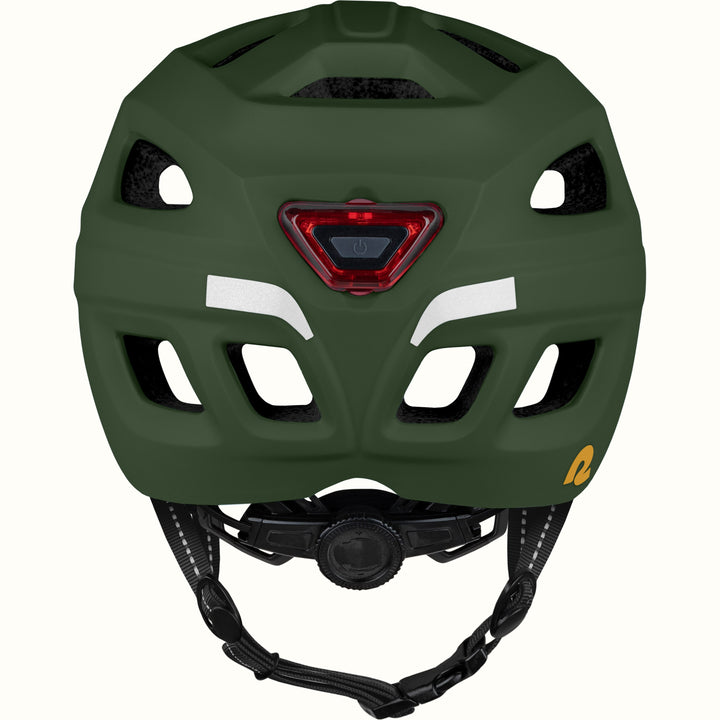 Rear view of a Lennon Commuter Bike Helmet in Matte Forest Green, showing the integrated red LED safety light, reflective strips, ventilation ports, and adjustable dial fit system.
