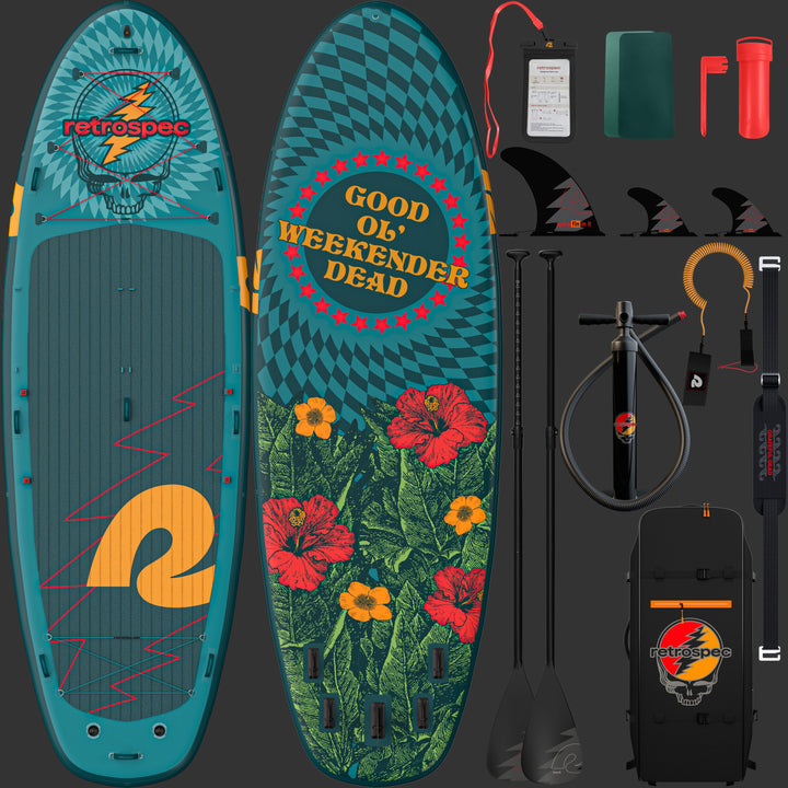 A front and rear view of the Grateful Dead Weekender Crew XL Multi-Person Inflatable Stand Up Paddle Board 15’ with "Good Ol' Weekender Dead," a "Steal Your Face" icon and flower designs, accompanied by two paddles and a black carrying bag with the "Steal Your Face" artwork and "retrospec" branding, along with the included accessories such as, cell phone case, patches, repair kit, fins, paddles, floor pump, leash, and carry strap.