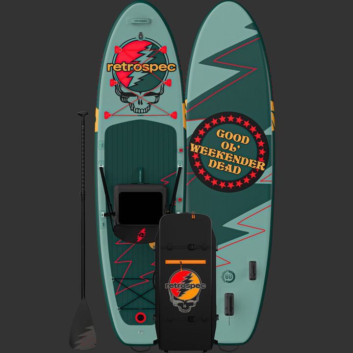 A front and rear view of the Grateful Dead Weekender Plus Inflatable Paddle Board featuring the iconic "Steal Your Face" or "SYF" design, "Good Ol' Weekender Dead" text, and red lightening bolts with a paddle and carry bag.