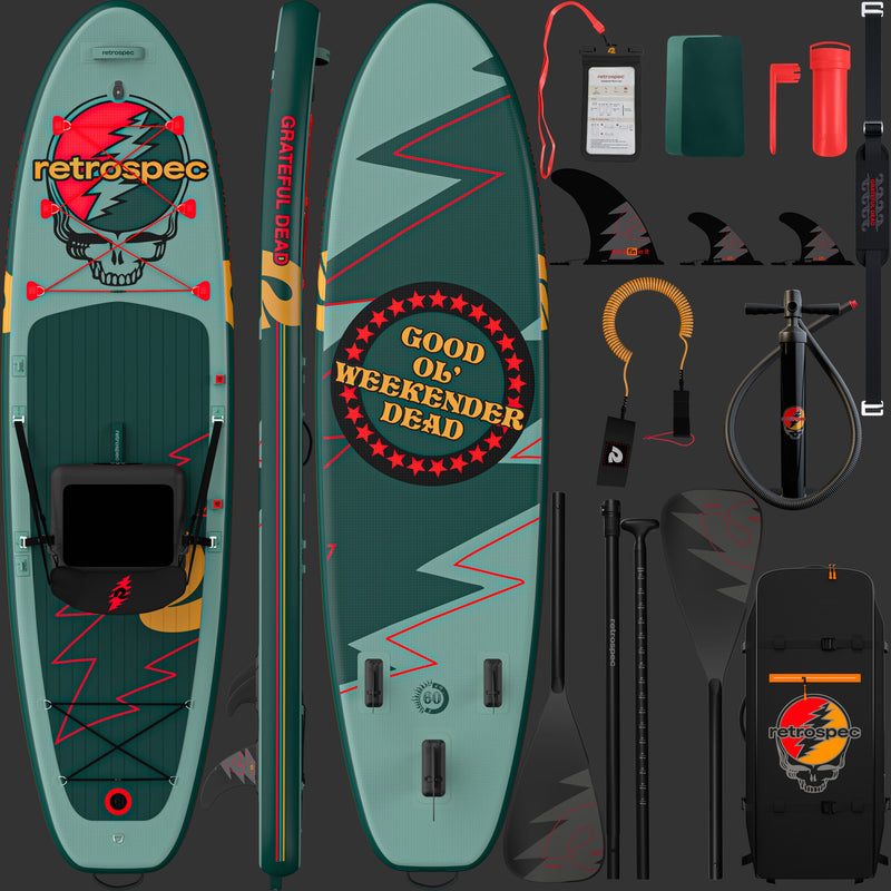 A front, rear and side view of the Grateful Dead Weekender Plus Inflatable Paddle Board featuring the iconic "Steal Your Face" or "SYF" design, "Good Ol' Weekender Dead" text, and red lightening bolts with a paddle, carry bag, repair kit, cell phone case, fins, pump and leash.