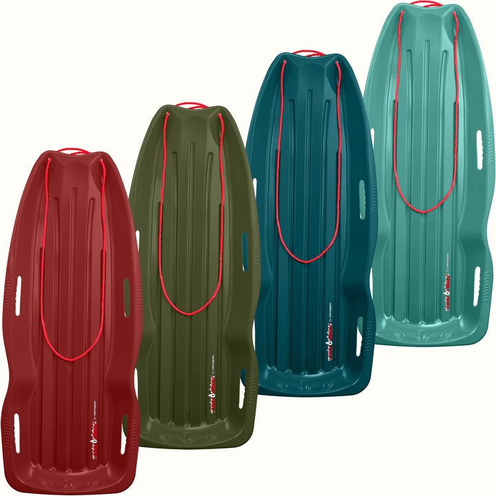 Four Retrorider Toboggan Snow Sled - 48” with a red rope on a white background.