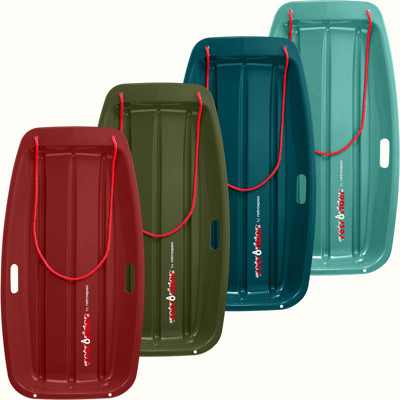 Four Retrorider Toboggan Snow Sled - 35” with a red rope on a white background.