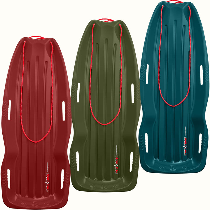 Three Retrorider Toboggan Snow Sled - 48” with a red rope on a white background.