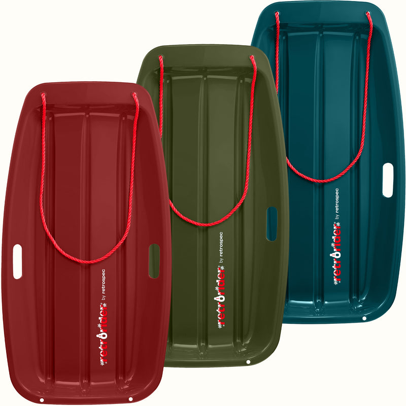 Three Retrorider Toboggan Snow Sled - 35” with a red rope on a white background.
