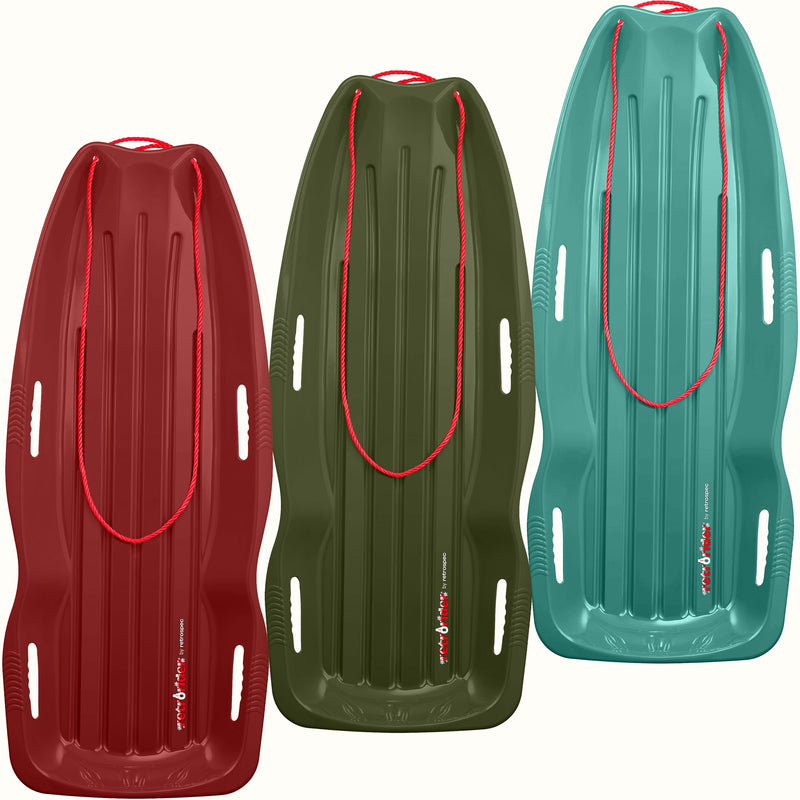 Three Retrorider Toboggan Snow Sled - 48” with a red rope on a white background.