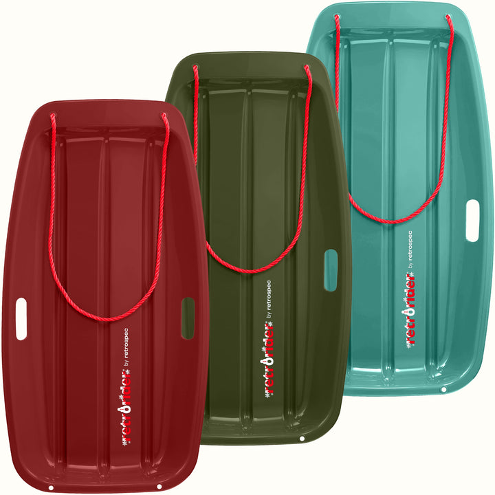 Three Retrorider Toboggan Snow Sled - 35” with a red rope on a white background.