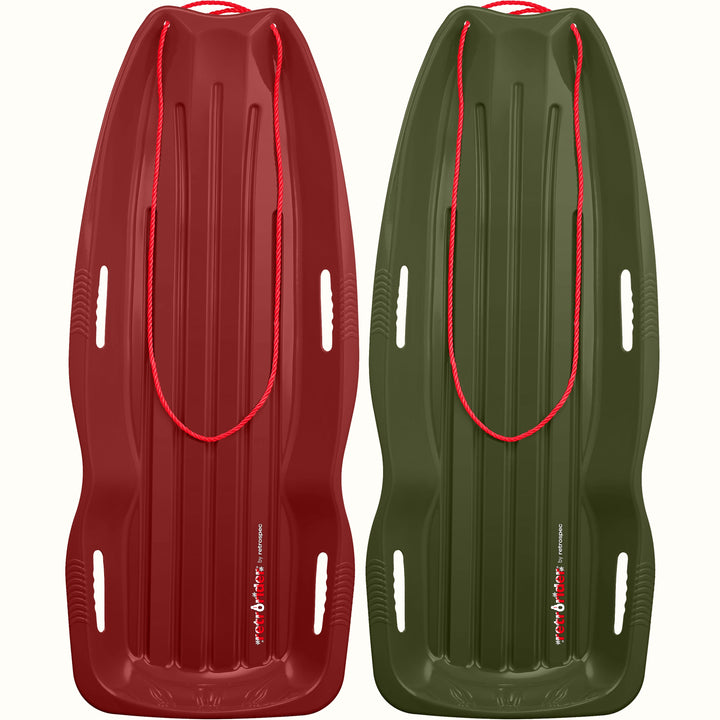 Two Retrorider Toboggan Snow Sled - 48” with a red rope on a white background.