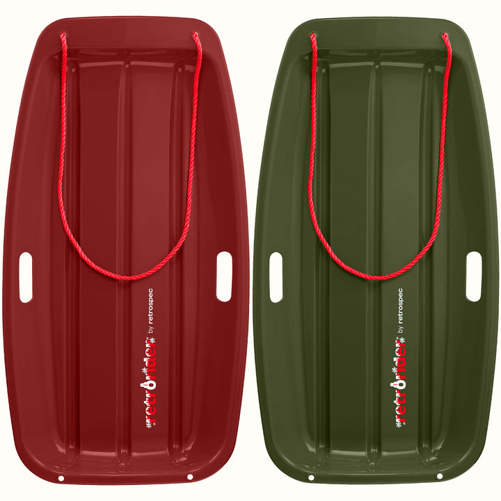 Two Retrorider Toboggan Snow Sled - 35” with a red rope on a white background.