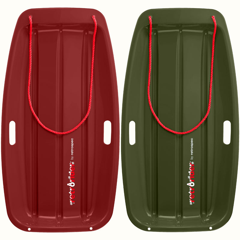 Two Retrorider Toboggan Snow Sled - 35” with a red rope on a white background.