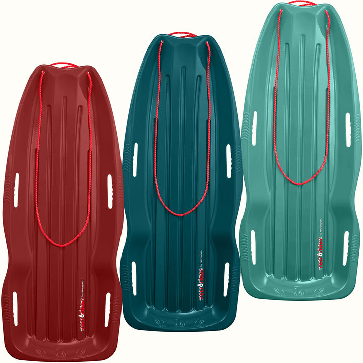 Three Retrorider Toboggan Snow Sled - 48” with a red rope on a white background.