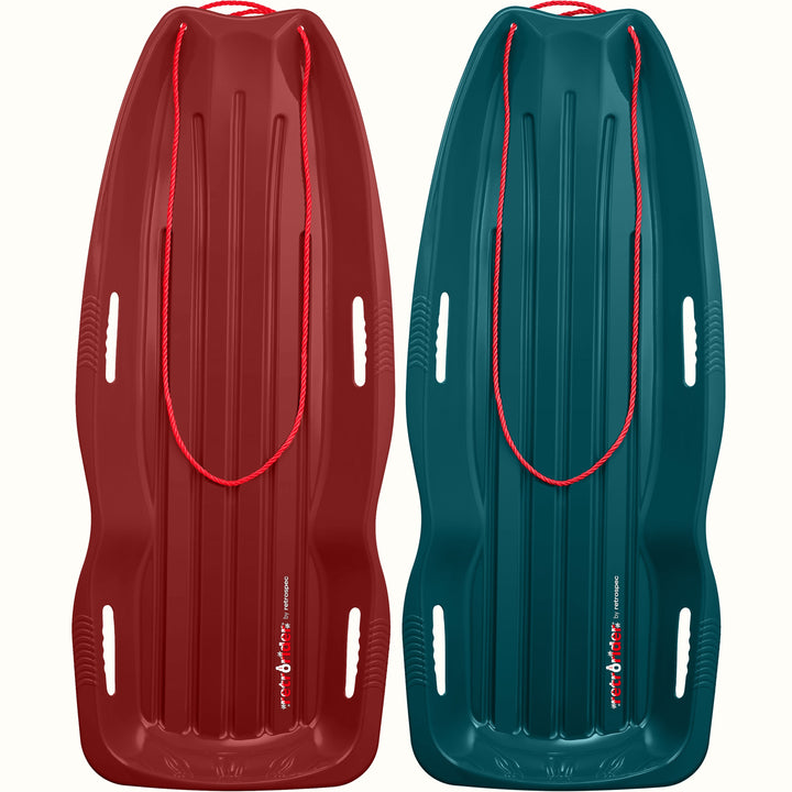 Two Retrorider Toboggan Snow Sled - 48” with a red rope on a white background.