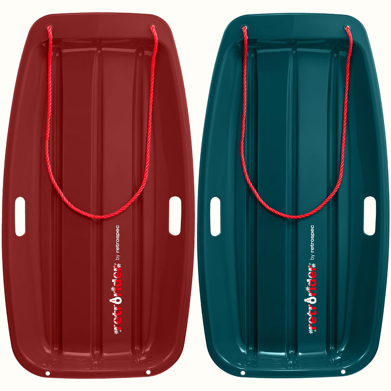 Two Retrorider Toboggan Snow Sled - 35” with a red rope on a white background.