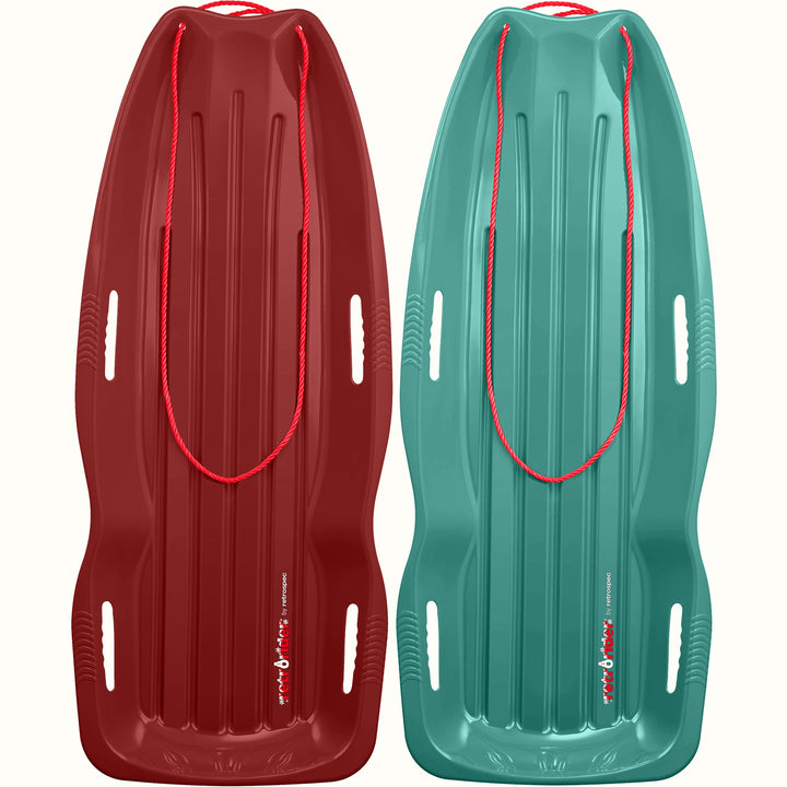 Two Retrorider Toboggan Snow Sled - 48” with a red rope on a white background.
