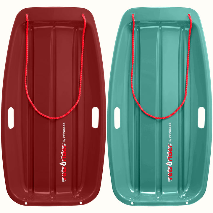 Two Retrorider Toboggan Snow Sled - 35” with a red rope on a white background.