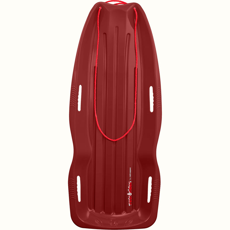 Retrorider Toboggan Snow Sled - 48” in Burgundy with a red rope on a white background.