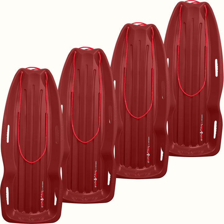 Four Retrorider Toboggan Snow Sled - 48” in Burgundy with a red rope on a white background.