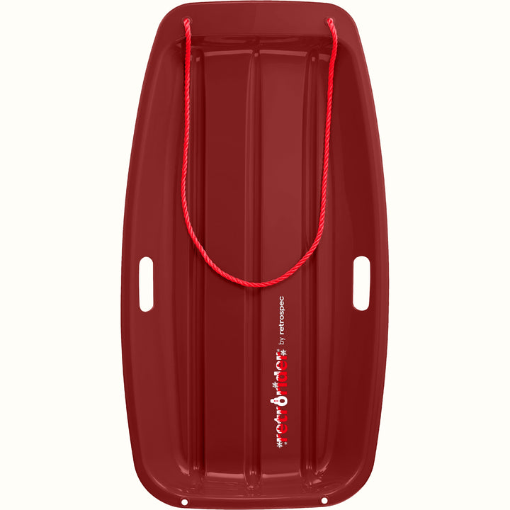 Retrorider Toboggan Snow Sled - 35” in Burgundy with a red rope on a white background.