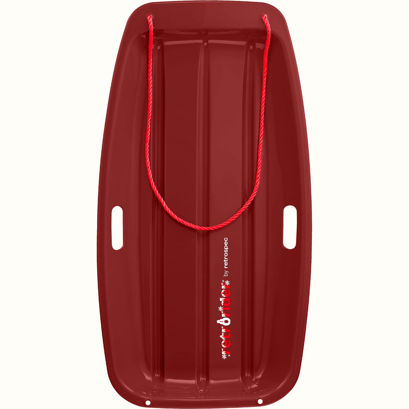Retrorider Toboggan Snow Sled - 35” in Burgundy with a red rope on a white background.