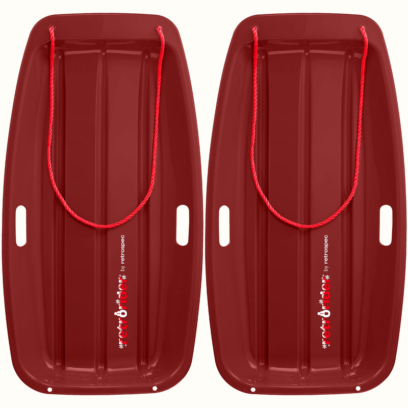 Two Retrorider Toboggan Snow Sled - 35” in Burgundy with a red rope on a white background.