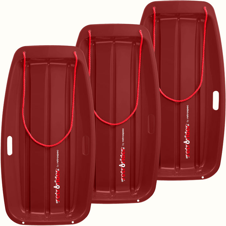 Three Retrorider Toboggan Snow Sled - 35” in Burgundy with a red rope on a white background.
