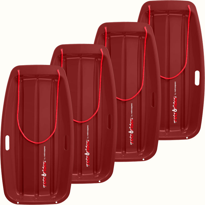 Four Retrorider Toboggan Snow Sled - 35” in Burgundy with a red rope on a white background.