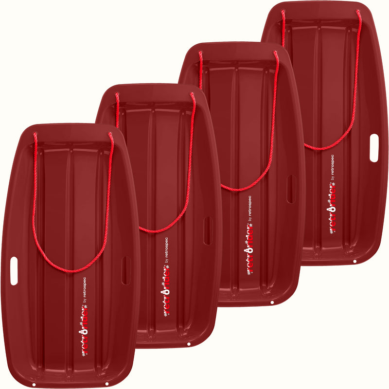 Four Retrorider Toboggan Snow Sled - 35” in Burgundy with a red rope on a white background.