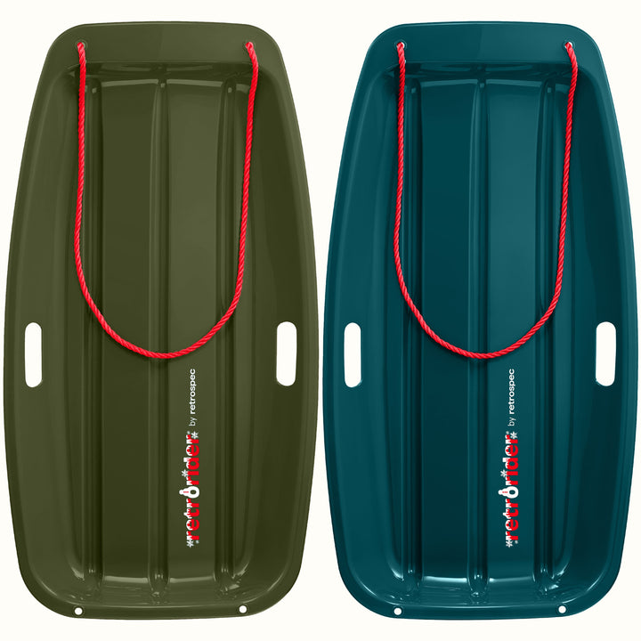 Two Retrorider Toboggan Snow Sled - 35” with a red rope on a white background.