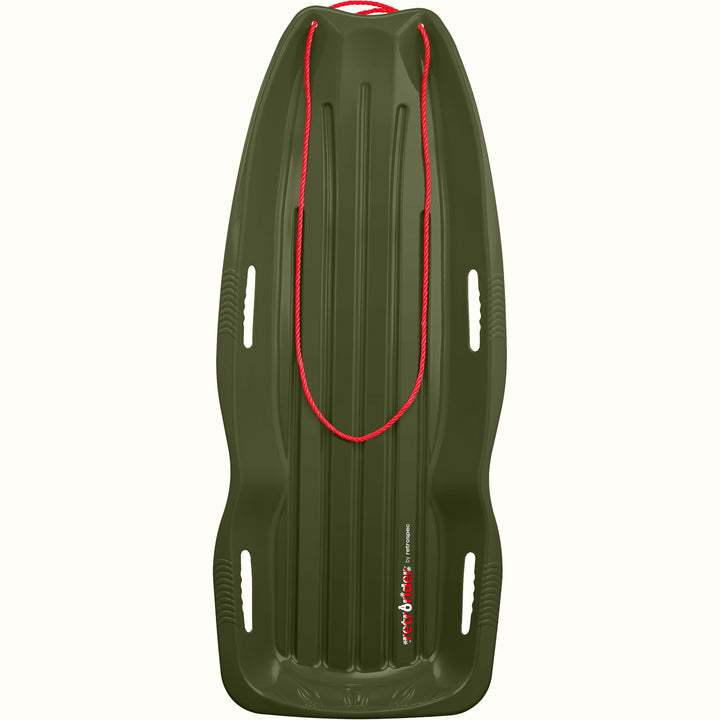 Retrorider Toboggan Snow Sled - 48” in dark green with a red rope on a white background.