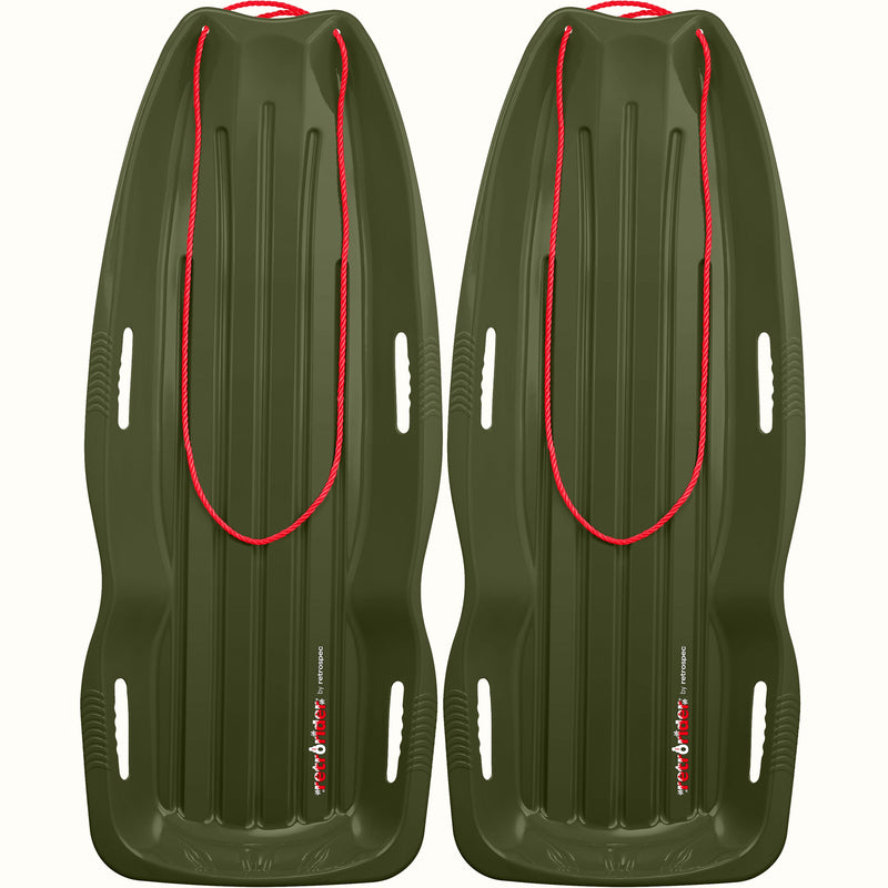 Two Retrorider Toboggan Snow Sled - 48” in dark green with a red rope on a white background.