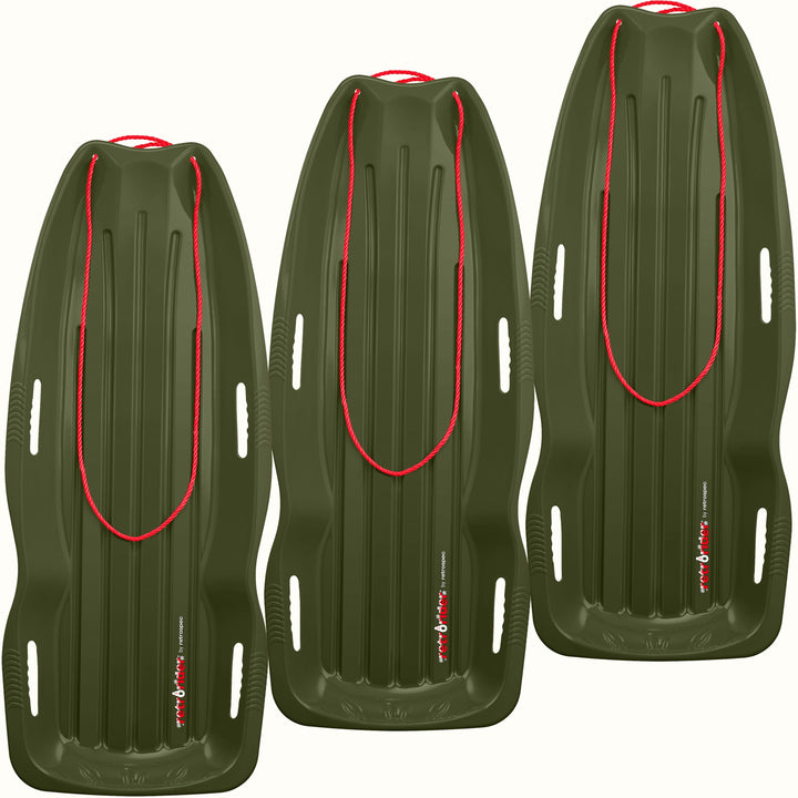 Three Retrorider Toboggan Snow Sled - 48” in dark green with a red rope on a white background.