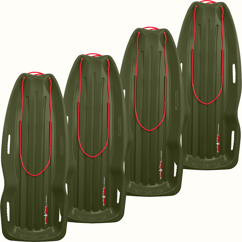 Four Retrorider Toboggan Snow Sled - 48” in dark green with a red rope on a white background.
