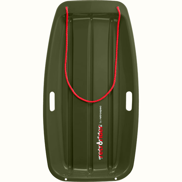 Retrorider Toboggan Snow Sled - 35” in dark green with a red rope on a white background.