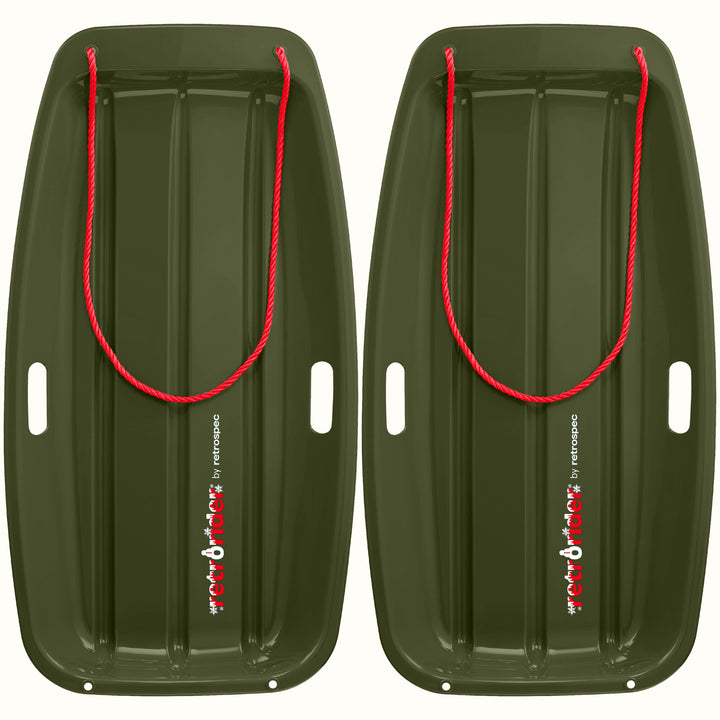 Two Retrorider Toboggan Snow Sled - 35” in dark green with a red rope on a white background.