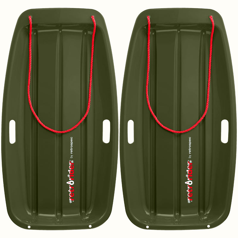 Two Retrorider Toboggan Snow Sled - 35” in dark green with a red rope on a white background.