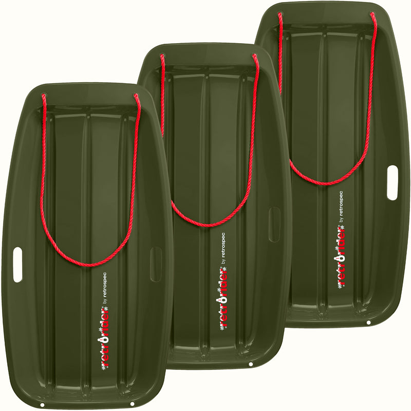 Three Retrorider Toboggan Snow Sled - 35” in dark green with a red rope on a white background.