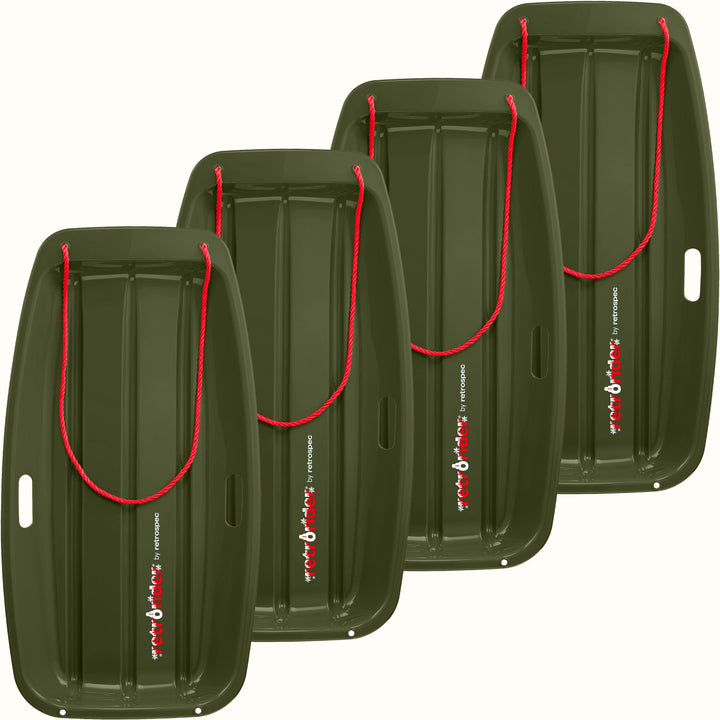 Four Retrorider Toboggan Snow Sled - 35” in dark green with a red rope on a white background.
