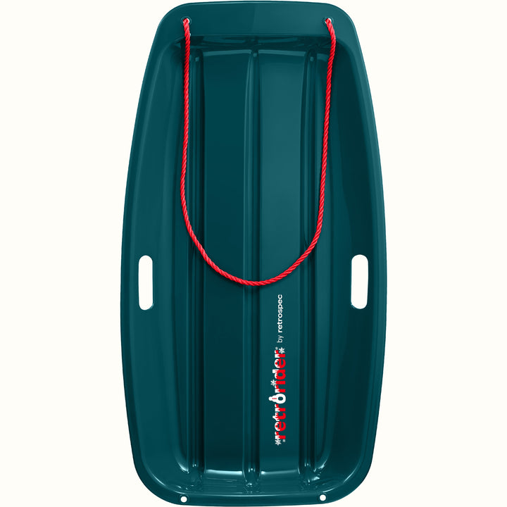 Retrorider Toboggan Snow Sled - 35” in Snowy Spruce with a red rope on a white background.