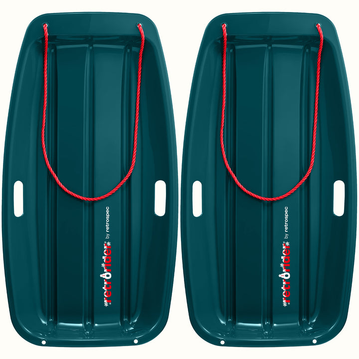 Two Retrorider Toboggan Snow Sled - 35” in Snowy Spruce with a red rope on a white background.