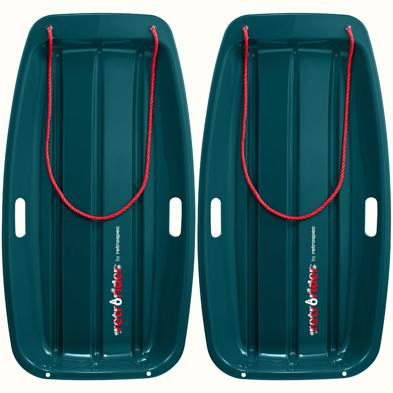 Two Retrorider Toboggan Snow Sled - 35” in Snowy Spruce with a red rope on a white background.