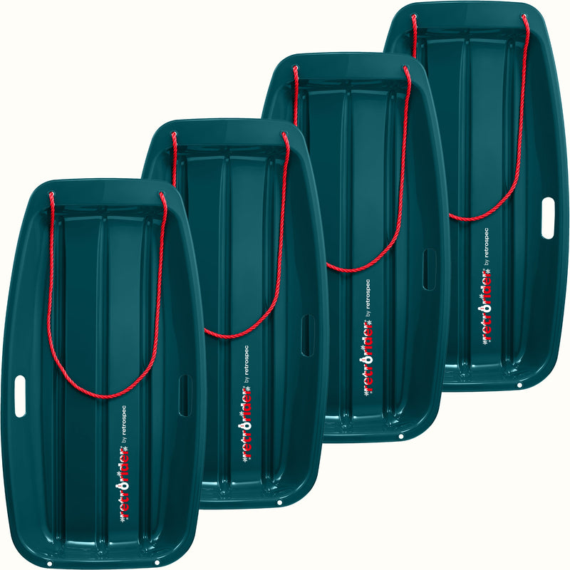 Four Retrorider Toboggan Snow Sled - 35” in Snowy Spruce with a red rope on a white background.