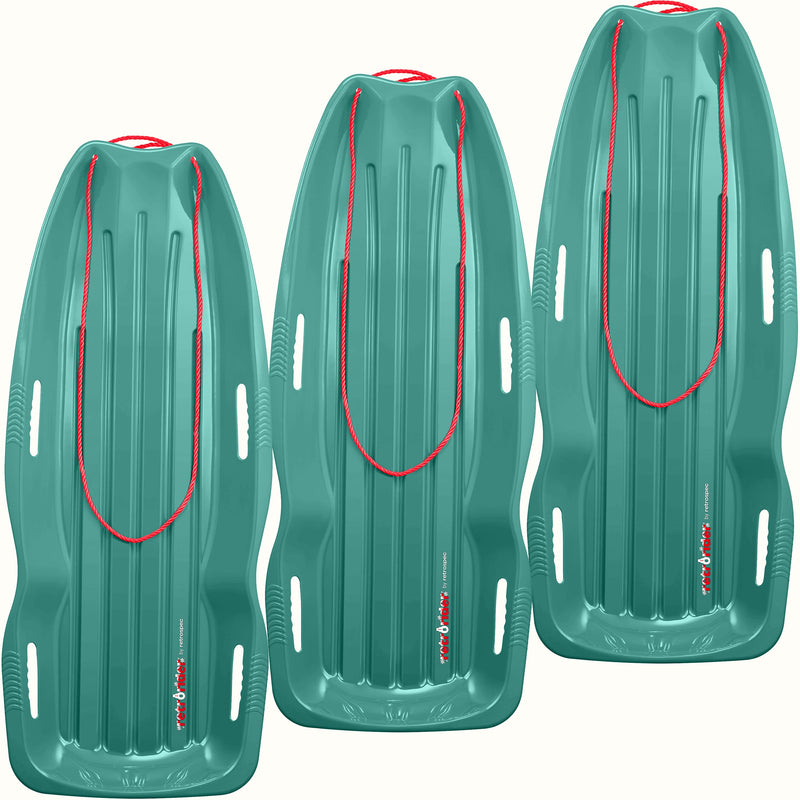 Three Retrorider Toboggan Snow Sled - 48” in Winter Tide with a red rope on a white background.