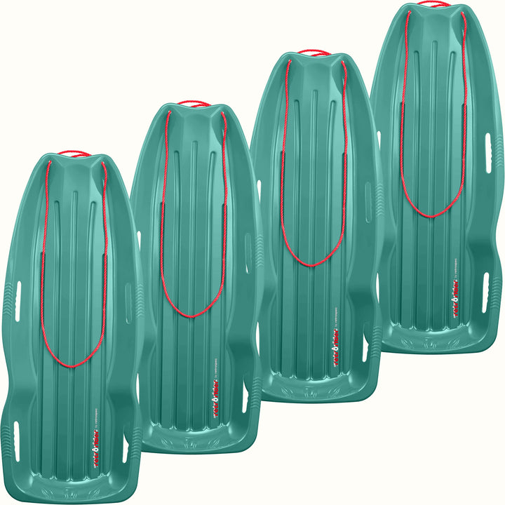 Four Retrorider Toboggan Snow Sled - 48” in Winter Tide with a red rope on a white background.