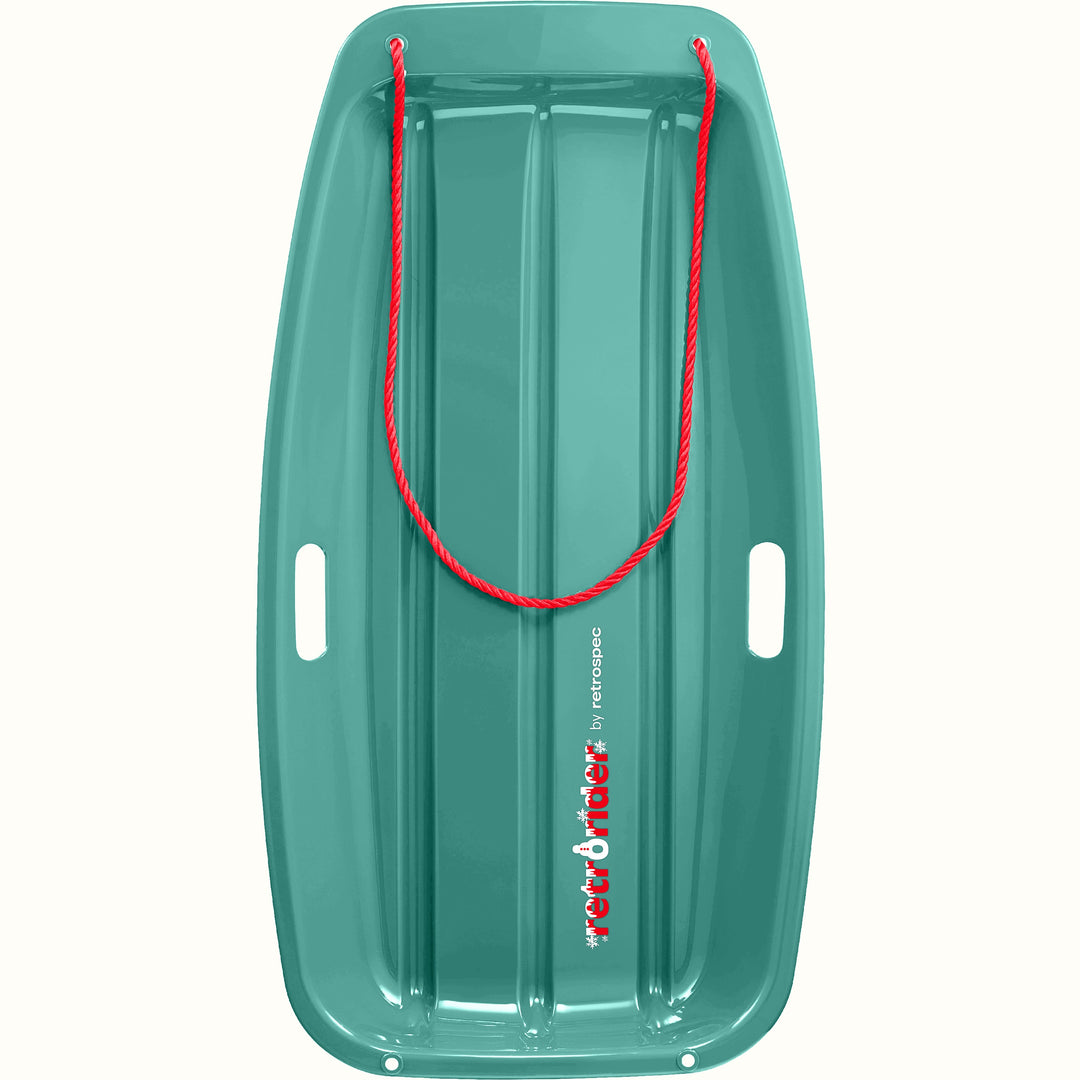 Retrorider Toboggan Snow Sled - 35” in Winter Tide with a red rope on a white background.