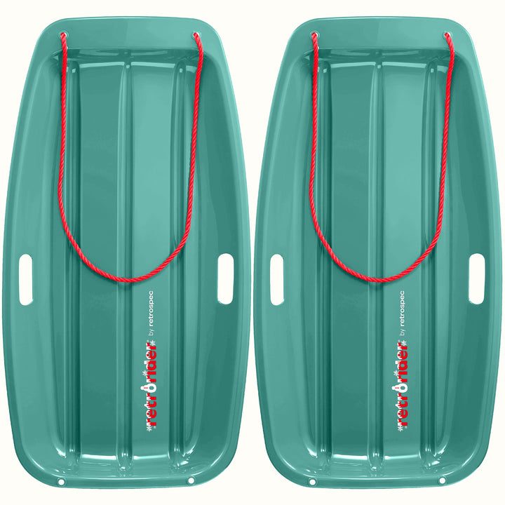 Two Retrorider Toboggan Snow Sled - 35” in Winter Tide with a red rope on a white background.