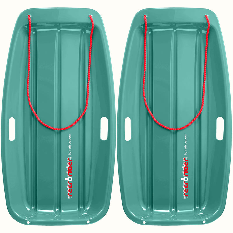 Two Retrorider Toboggan Snow Sled - 35” in Winter Tide with a red rope on a white background.
