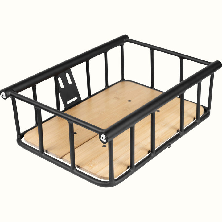 Black metal e-bike basket with wooden base on a white background.